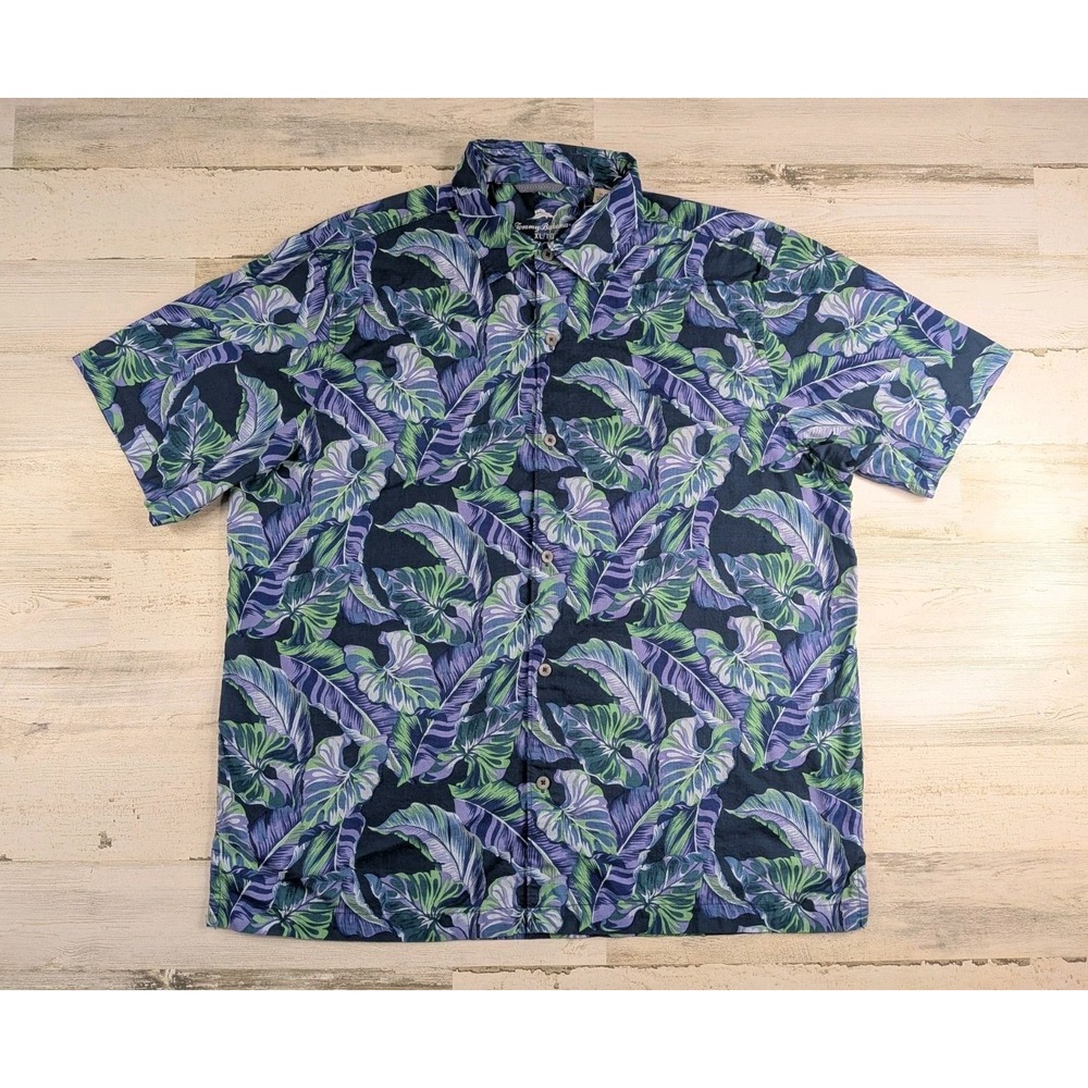 Tommy Bahama Mens XL Floral Button Up Shirt Tropical Blue Green Short Sleeve